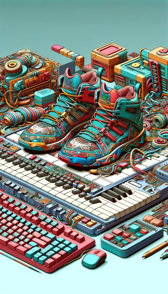 complex-and-detailed-3D-rendered-scene-in-a-superflat-inspired-style-focusing-solely-on-anime-style-sneakers-and-a-computer-programming-keyboard.