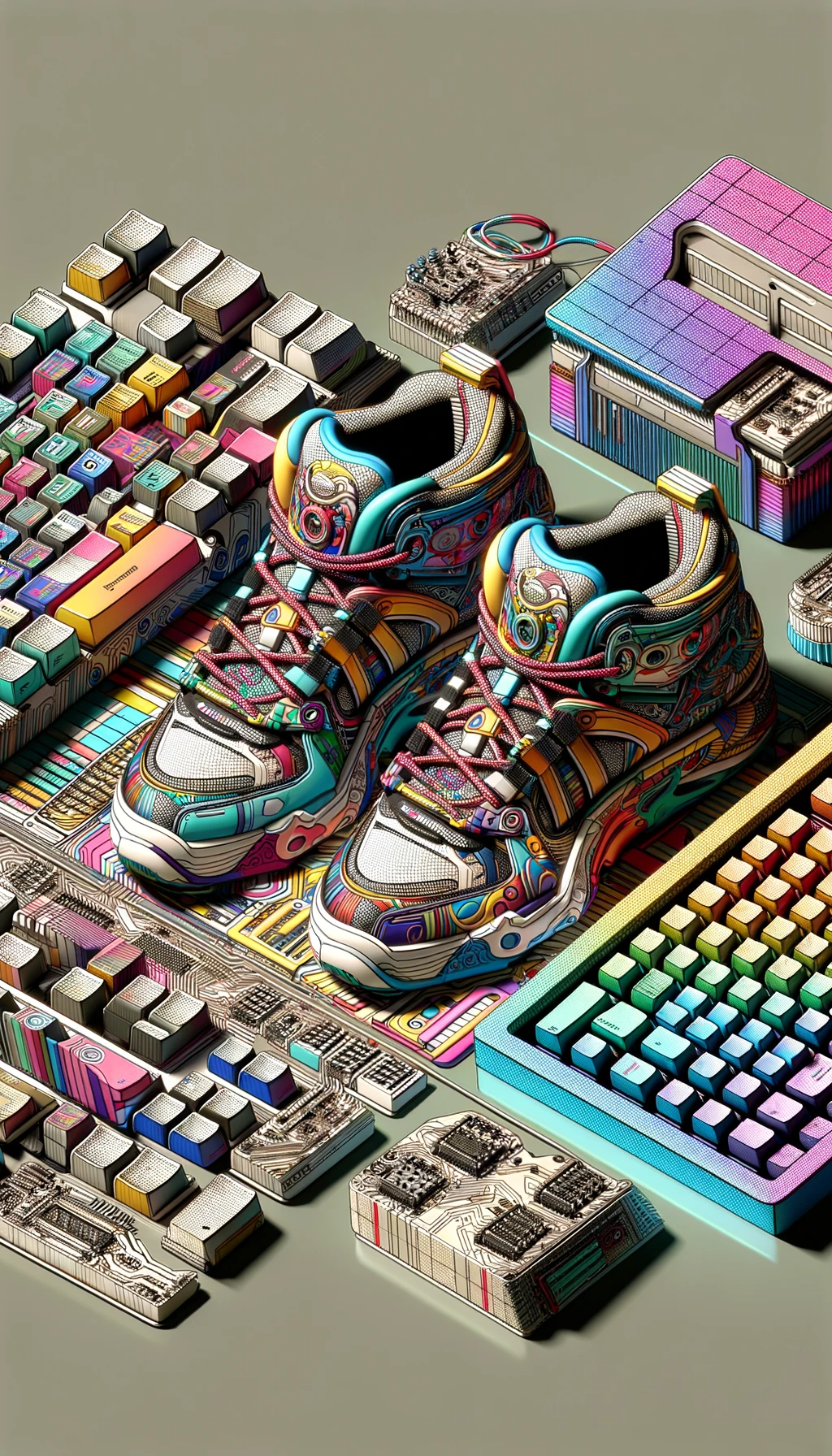 detailed 3D rendered scene in a superflat-inspired style, featuring anime-style sneakers and a computer programming keyboard